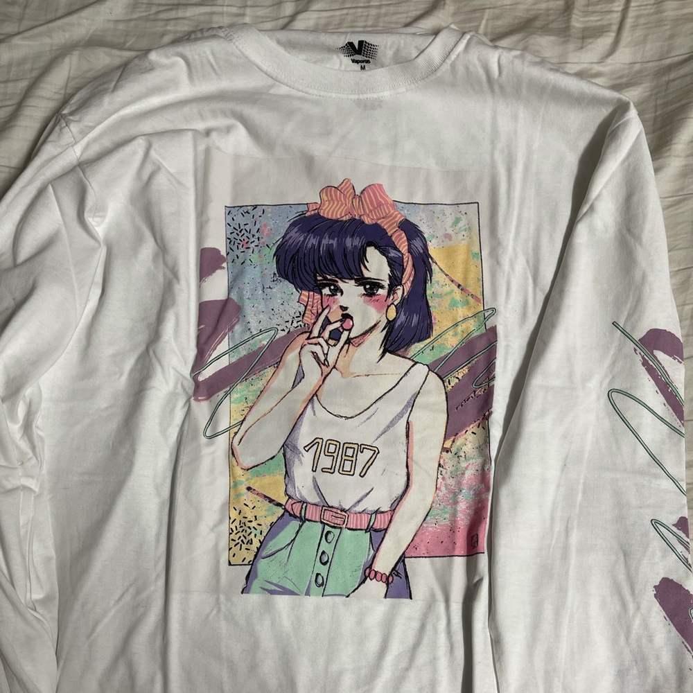 White Retro Anime Long-Sleeve T-Shirt